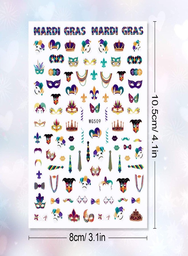Konsait Mardi Gras Nail Art Stickers(500 Patterns), Self-Adhesive Carnival Nail Decals, Necklace Clown Crown Golden Yellow Green Nail Decoration Sticker, for Girls Women Nail Salon Gifts - Image 2
